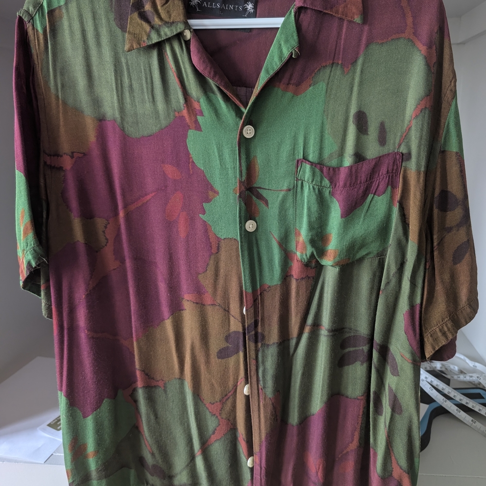 All Saints Men’s Button-Down Shirt in Green, Burgundy & Brown Abstract Floral